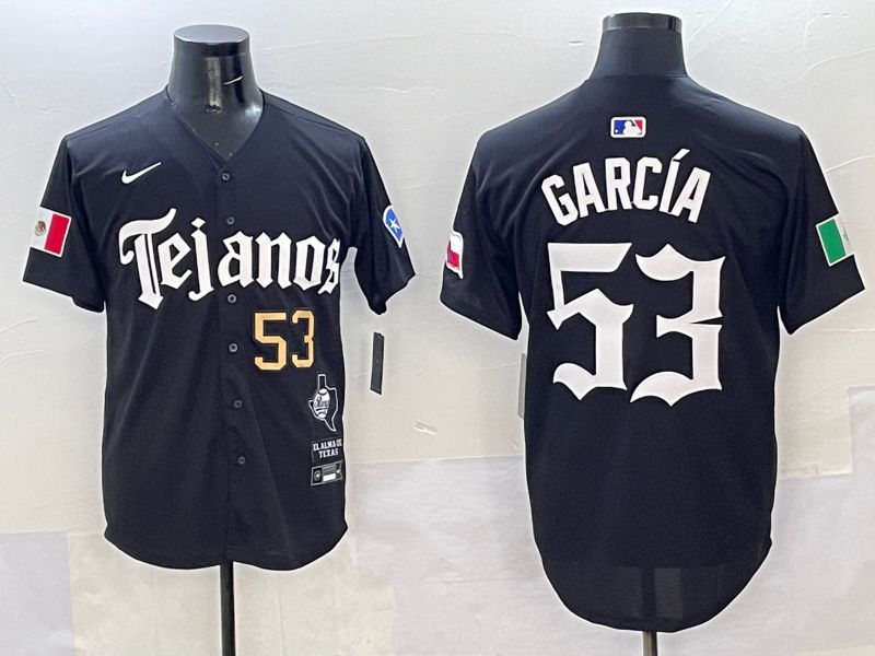 Men Texas Rangers #53 Garcia Black Five generations Joint Name 2025 Nike MLB Jersey style 3->texas rangers->MLB Jersey